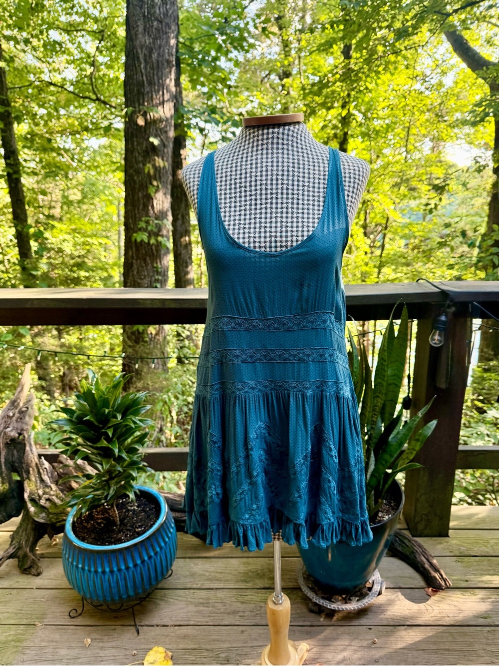 Free People Voile Lace Trapeze Slip Dress S Teal Polka Dot Boho Ruffle